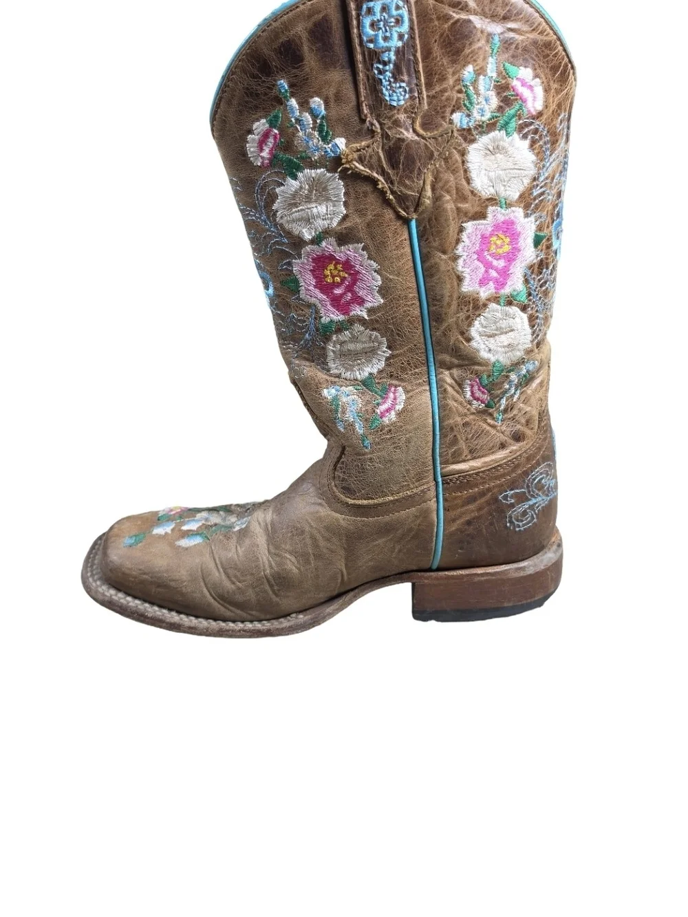 Macie Bean Western Boots Brown Floral Embroidered Square Toe Youth Size 2
